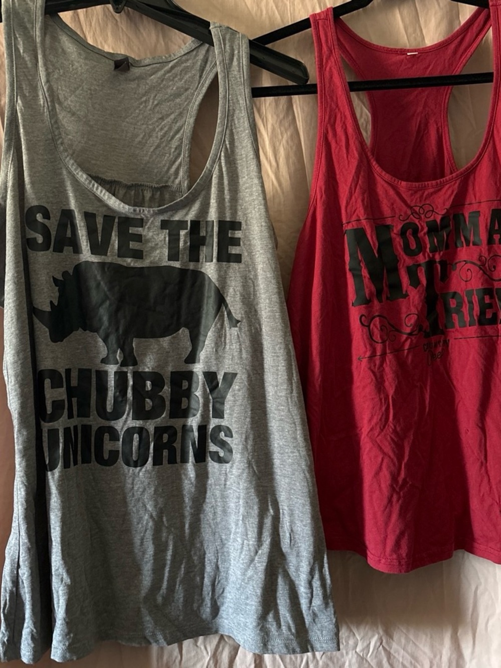 Gray 'Save the Chubby Unicorns' Graphic Tank Top Red ‘Momma Tried’ tank top